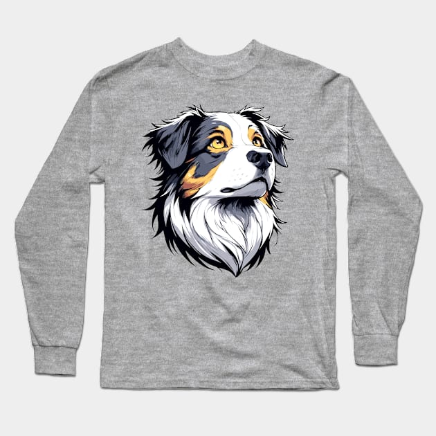 Stunning and Cool Australian Shepherd Monochrome and Gold Portrait for Father's Day Long Sleeve T-Shirt by ArtRUs